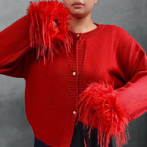 Red Casual Women's Furry Cuffs Metal Button knit sweater cardigan - Picture 7 of 7